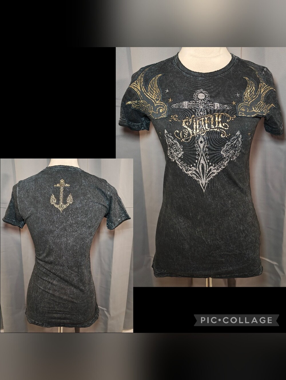 Y2K Affliction Sinful Grungy Mall Goth Graphic T-shirt.